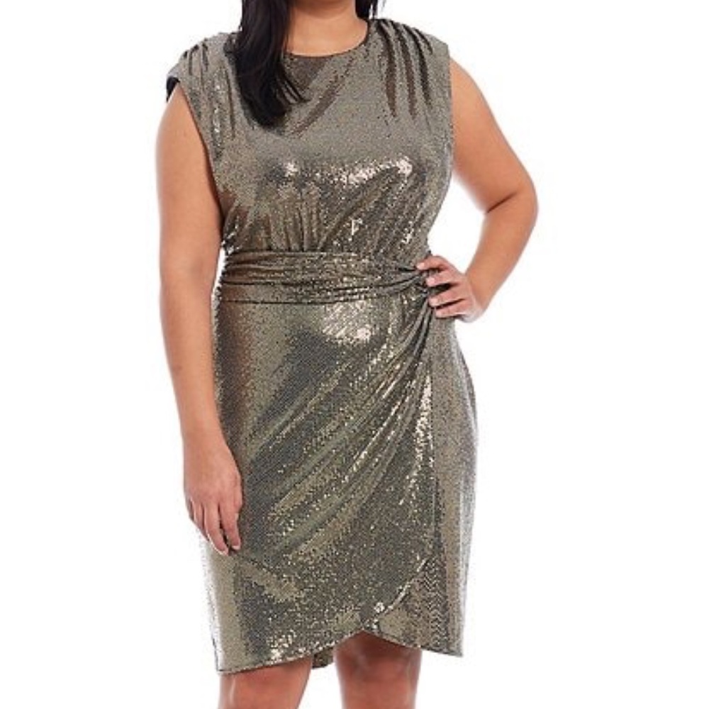 Alex Marie Plus Size Astrid Metallic Knit Crew Neck Sleeveless Shoulder Pad Dres